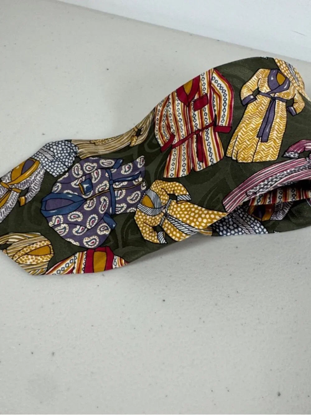 Charleston The Rack Silk Colorful Robes Patterned Necktie Olive Novelty Print